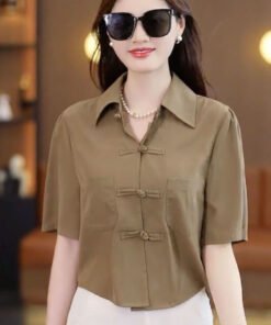 loose solid color shirt temperament short sleeves cover belly button top ladies shirt | 1171 - Image 15