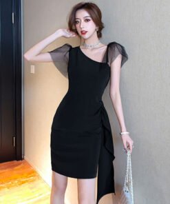 light luxury celebrity temperament oblique shoulder mesh design dress | 1143 - Image 11