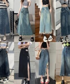 American all-match washed retro blue vintage hot girl raw edge distressed denim skirt  | 1156 - Image 5
