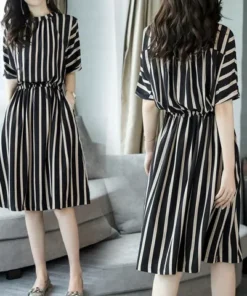 waist temperament fashion casual loose mid-length vertical stripe dress | 1145 - Image 7