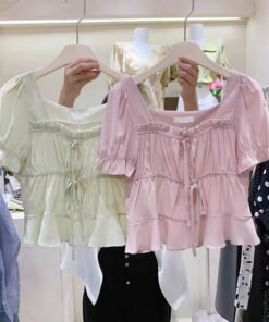 French women's puff sleeve chiffon shirt Chiffon shirt short | 1187 - Image 6