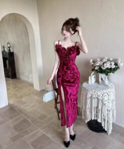French temperament socialite sexy flower stitching long slit velvet suspenders dress | 1154 - Image 3