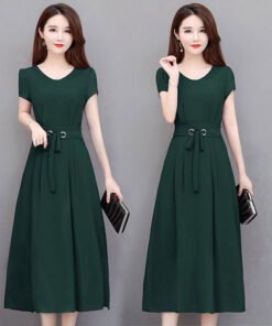 short sleeve mid-length over knee mid-length skirt with belt slim fit A-line skirt | 1178 - Image 3