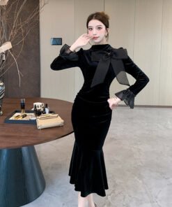High-end exquisite temperament lady bow heavy nail diamond trumpet sleeve fishtail little black dress | 1157 - Image 9