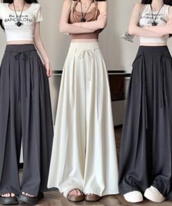 draped high-waisted slim wide-leg culottes mop pants | 1146 - Image 3