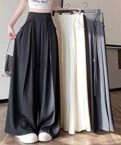 draped high-waisted slim wide-leg culottes mop pants | 1146 - Image 19