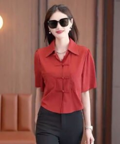 loose solid color shirt temperament short sleeves cover belly button top ladies shirt | 1171 - Image 10