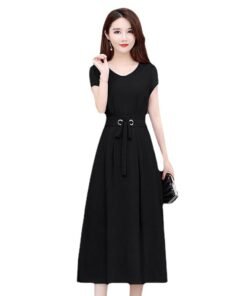 short sleeve mid-length over knee mid-length skirt with belt slim fit A-line skirt | 1178 - Image 5