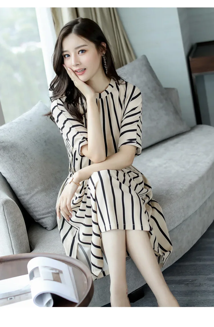 waist temperament fashion casual loose mid-length vertical stripe dress | 1145 - Image 3