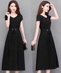 Alternative view of short sleeve mid-length over knee mid-length skirt with belt slim fit A-line skirt | 1178