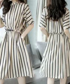 waist temperament fashion casual loose mid-length vertical stripe dress | 1145 - Image 5