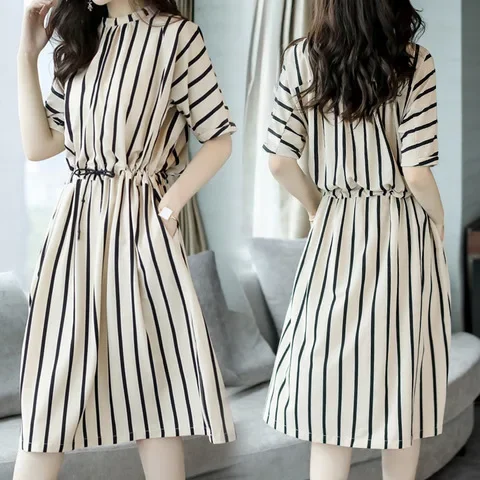 waist temperament fashion casual loose mid-length vertical stripe dress | 1145 - Image 7