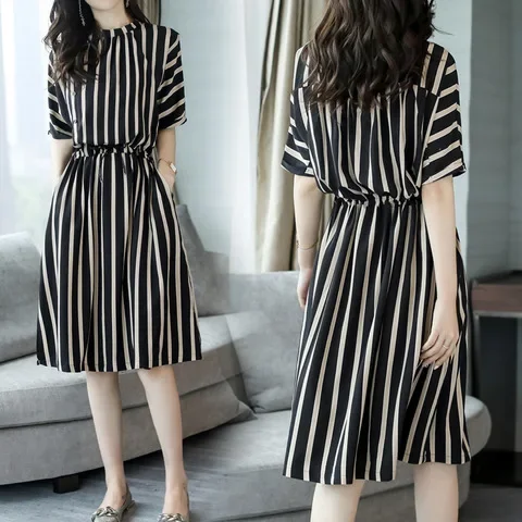 waist temperament fashion casual loose mid-length vertical stripe dress | 1145 - Image 2