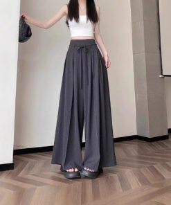 draped high-waisted slim wide-leg culottes mop pants | 1146 - Image 4