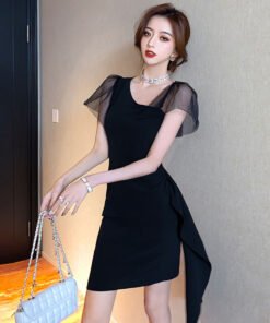 Alternative view of light luxury celebrity temperament oblique shoulder mesh design dress | 1143