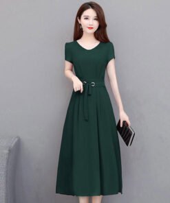 short sleeve mid-length over knee mid-length skirt with belt slim fit A-line skirt | 1178 - Image 6