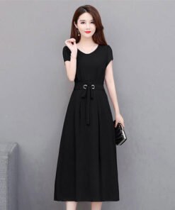 short sleeve mid-length over knee mid-length skirt with belt slim fit A-line skirt | 1178 - Image 13