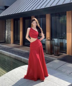 French style niche high-end cool off-shoulder waist dress for women | 1183