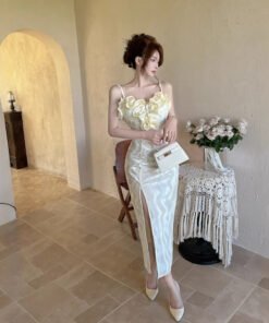 French temperament socialite sexy flower stitching long slit velvet suspenders dress | 1154 - Image 9