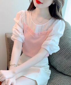 French women's puff sleeve chiffon shirt Chiffon shirt short | 1187 - Image 4