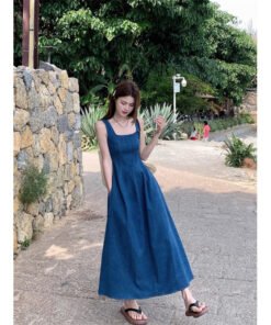 Blue Mist Love: French Denim Dress Waist Temperament, Slip Long Skirt | 1136 - Image 6
