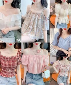 French women's puff sleeve chiffon shirt Chiffon shirt short | 1187