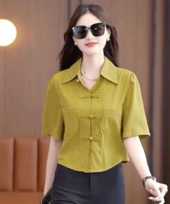 loose solid color shirt temperament short sleeves cover belly button top ladies shirt | 1171 - Image 6