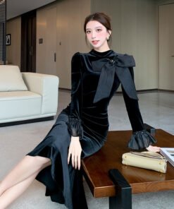High-end exquisite temperament lady bow heavy nail diamond trumpet sleeve fishtail little black dress | 1157 - Image 4