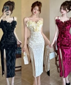 French temperament socialite sexy flower stitching long slit velvet suspenders dress | 1154
