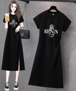 Alternative view of Casual mid-length slit slim slim short sleeve t-shirt skirt | 1179