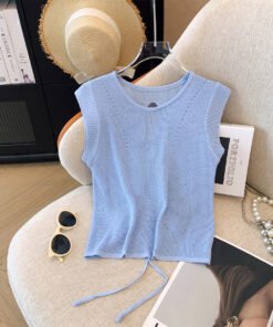 Sweet and spicy drawstring hollow small flying sleeve knitted  | 1214 - Image 4