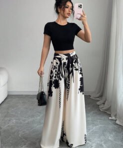 ink printing mid-waist wide-leg straight pants slim slim pants | 1221 - Image 7