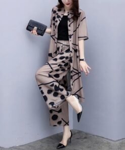 Alternative view of large size cardigan top wide-leg pants two-piece suit | 1193
