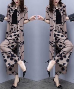large size cardigan top wide-leg pants two-piece suit | 1193