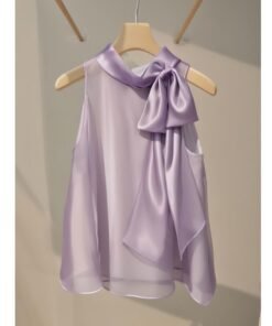 French Style Lightly Mature Niche Purple Satin Bow Shirt | 1190 - Image 7