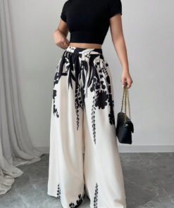ink printing mid-waist wide-leg straight pants slim slim pants | 1221 - Image 5