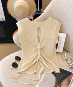 Sweet and spicy drawstring hollow small flying sleeve knitted  | 1214