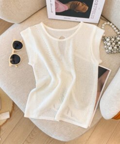 Sweet and spicy drawstring hollow small flying sleeve knitted  | 1214 - Image 6