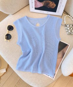 Sweet and spicy drawstring hollow small flying sleeve knitted  | 1214 - Image 7