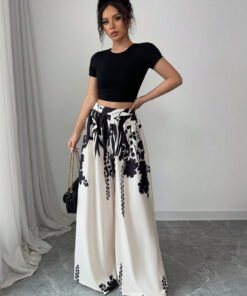 ink printing mid-waist wide-leg straight pants slim slim pants | 1221 - Image 4
