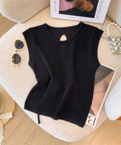 Sweet and spicy drawstring hollow small flying sleeve knitted  | 1214 - Image 5