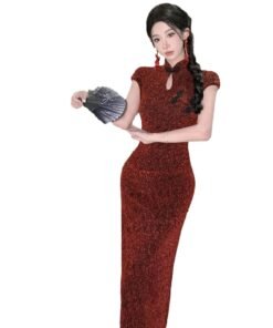 retro elegant tight slim short sleeve festive red annual meeting mid-length dress cheongsam | 1246 - Image 9