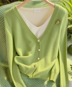 French style fake two-piece green knitted cardigan women's  top | 1251 - Image 7