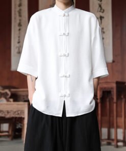 anti-wrinkle ice silk shirt men's large size loose five-quarter sleeve Tang suit new Hong Kong style | 1244 - Image 11