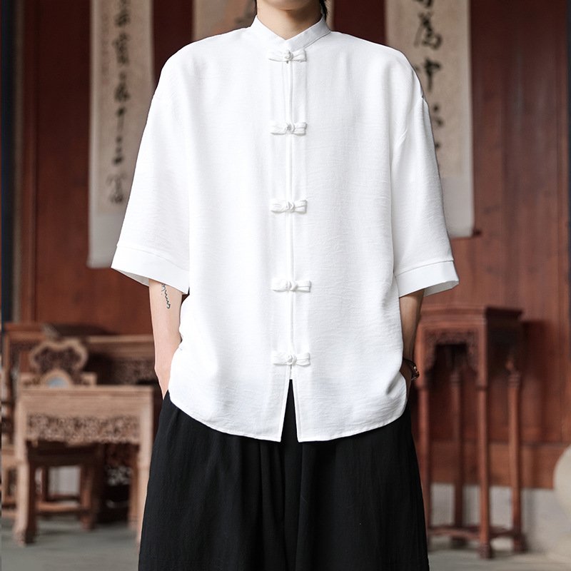 anti-wrinkle ice silk shirt men's large size loose five-quarter sleeve Tang suit new Hong Kong style | 1244 - Image 6