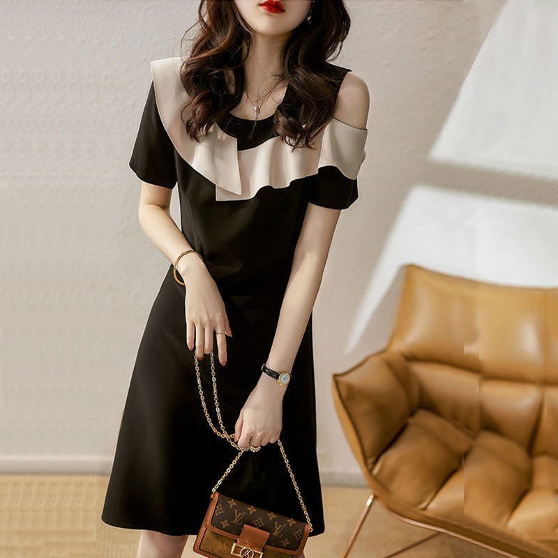 short sleeve off the shoulder slim stitching three-dimensional ruffled little black dress | 1253 - Image 2