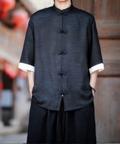anti-wrinkle ice silk shirt men's large size loose five-quarter sleeve Tang suit new Hong Kong style | 1244 - Image 18