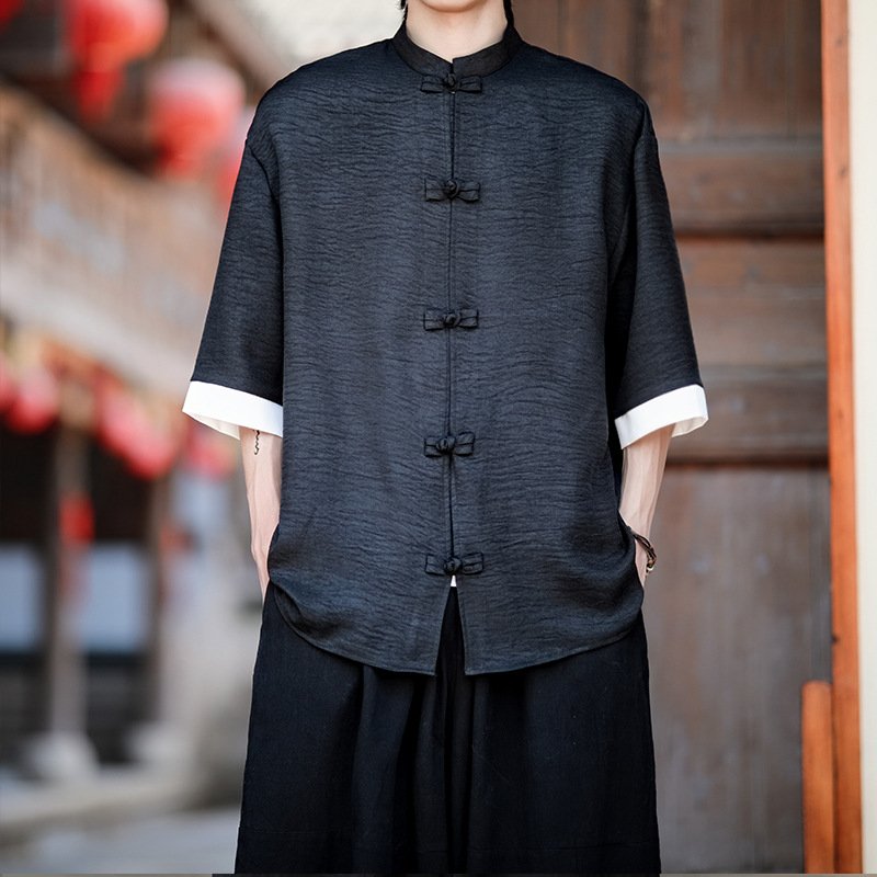 anti-wrinkle ice silk shirt men's large size loose five-quarter sleeve Tang suit new Hong Kong style | 1244 - Image 13