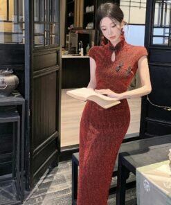 retro elegant tight slim short sleeve festive red annual meeting mid-length dress cheongsam | 1246 - Image 7