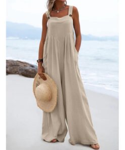 National Style Fashion Button Solid Color Wide Leg Jumpsuit Women | 1227 - Image 48